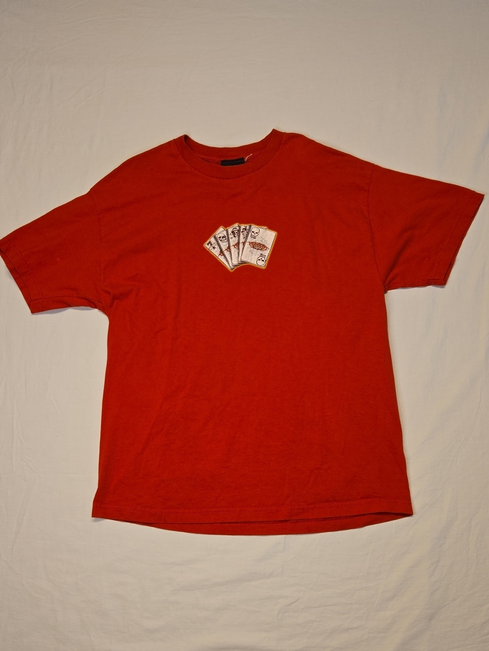 Monster Garage Red Graphic Crewneck T-Shirt with Playing Card Design Vintage Y2K